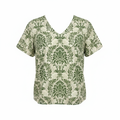 Women's Green Damask Print V-Neck Flutter Sleeve Blouse