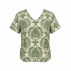 Women's Green Damask Print V-Neck Flutter Sleeve Blouse