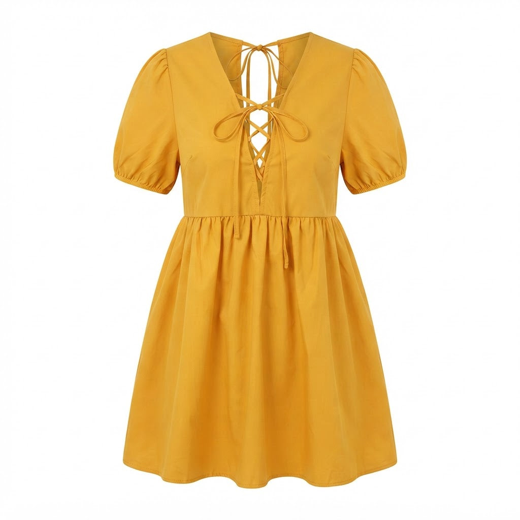 SHEIN Mustard Yellow Lace-Up Mini Baby-Doll Dress