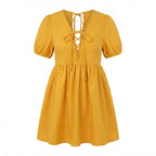 SHEIN Mustard Yellow Lace-Up Mini Baby-Doll Dress