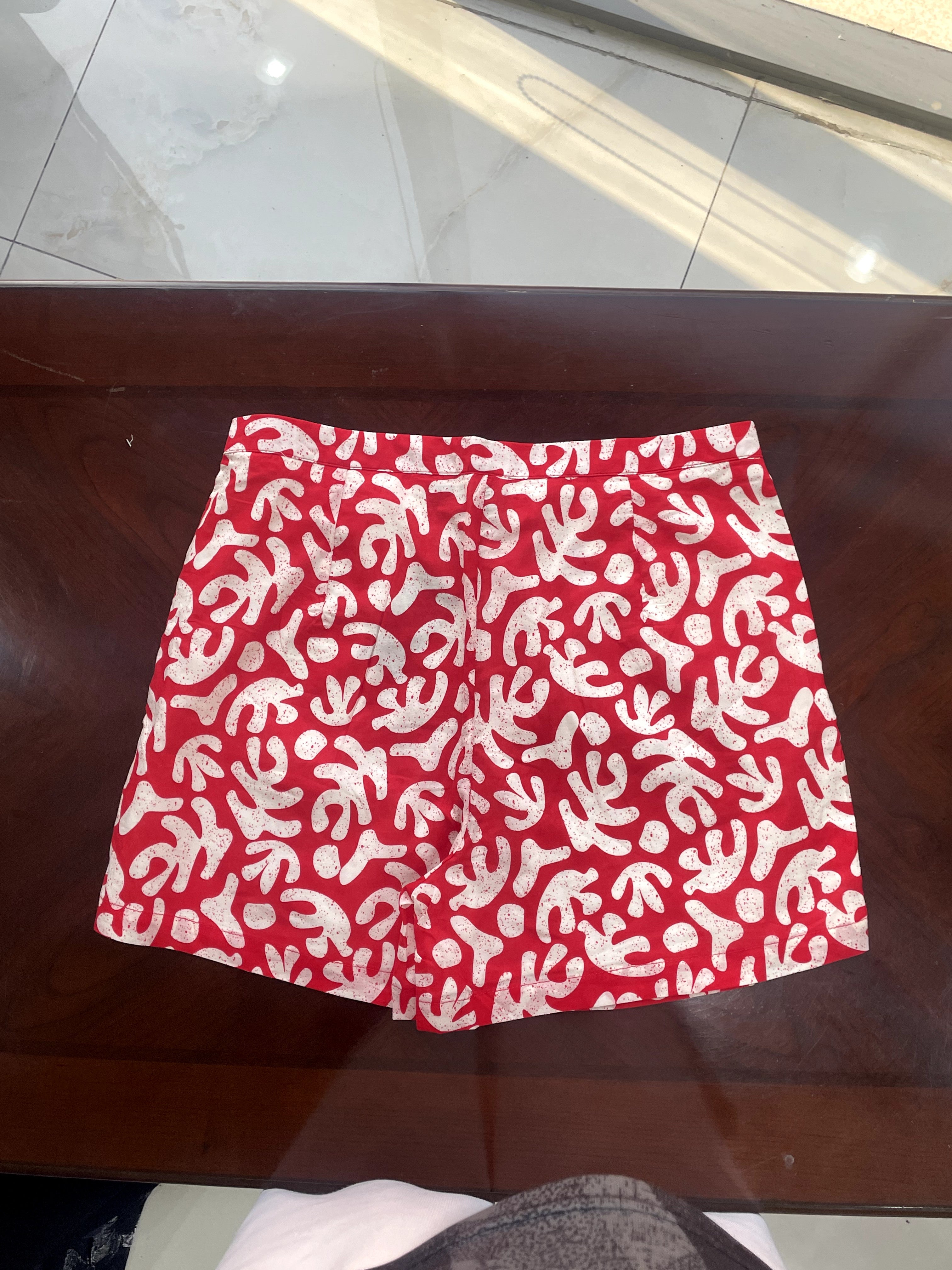 Red and White Abstract Print High-Waist Shorts