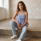 SHEIN Periwinkle Blue Smocked Ruffle Top with Front Bow