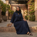 Navy Blue Floral Jacquard Long Modest V-Neck Dress