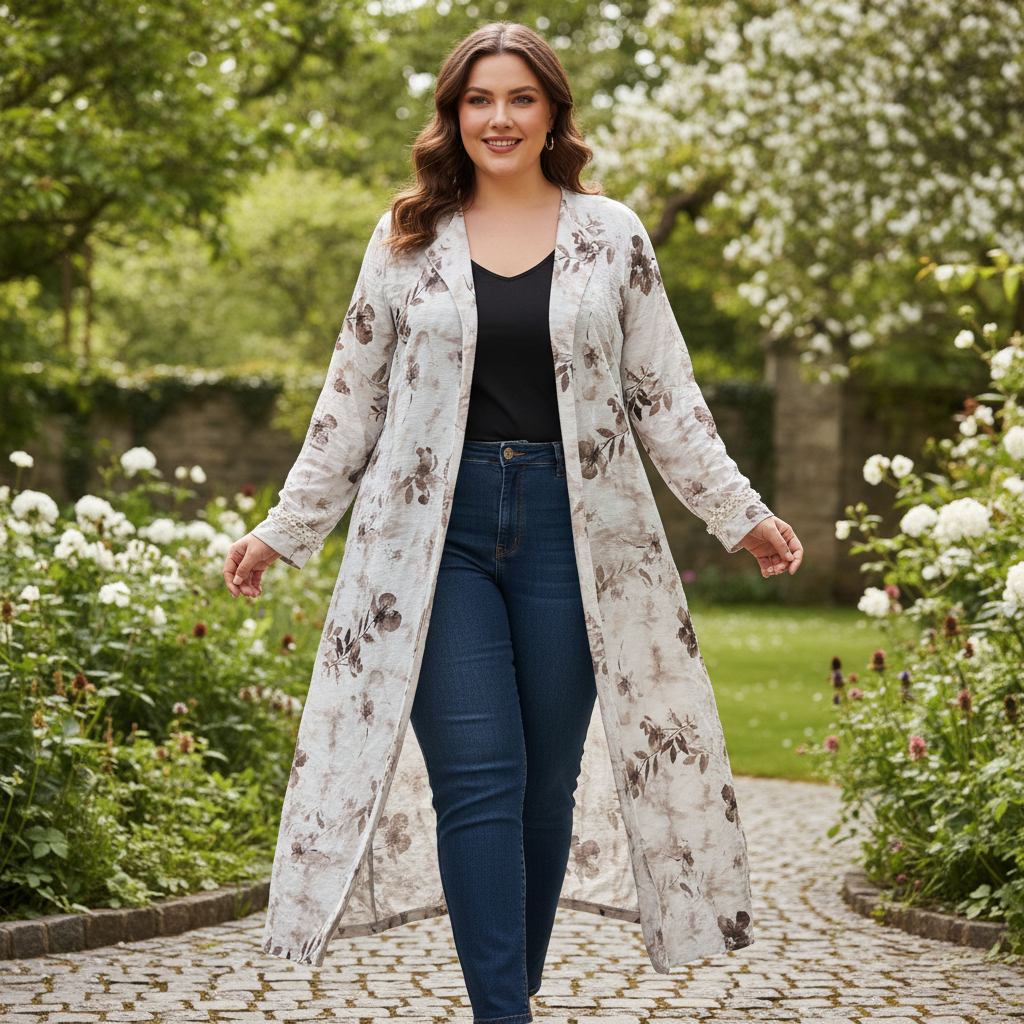 Women's Floral Long Duster Jacket with Pearl Cuffs