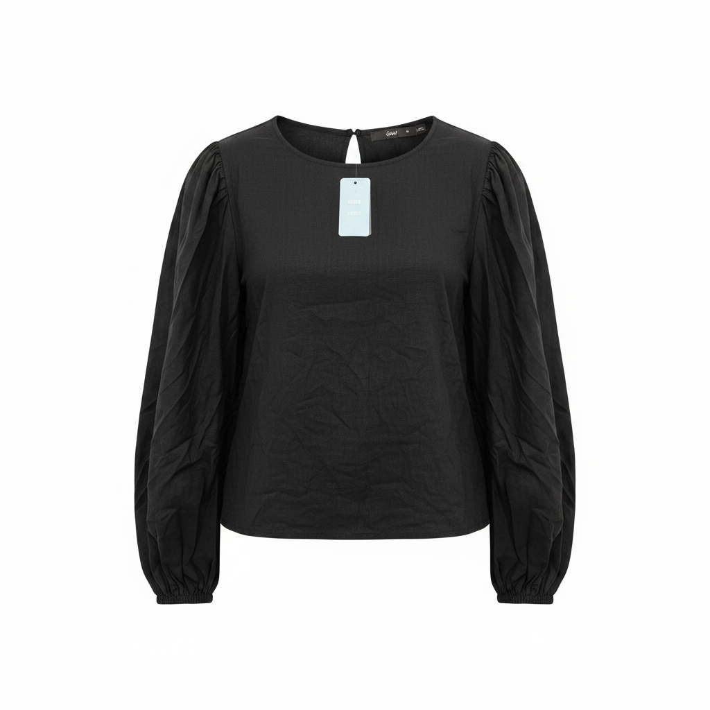 Sportsgirl Women's Black Linen Blend Balloon Sleeve Top