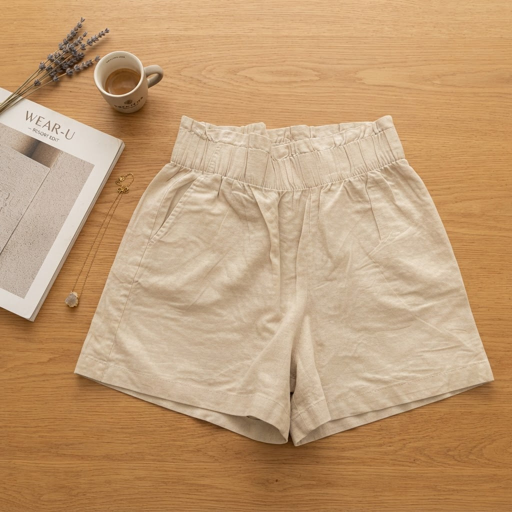 Sand Beige High-Waisted Linen-Blend Relaxed Shorts