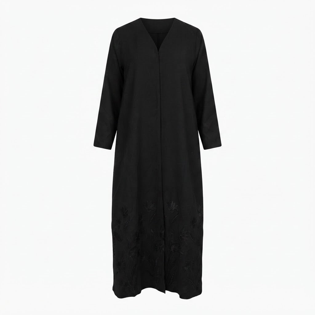 Women's Black Long-Sleeved Embroidered Maxi Abaya Robe
