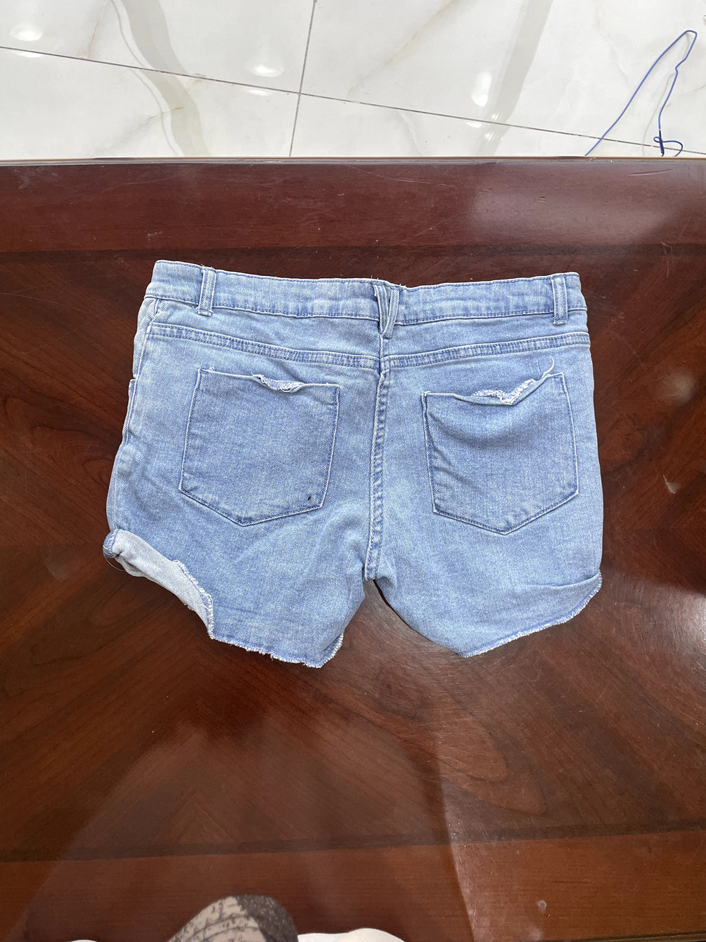 Light Wash Distressed Denim Shorts with Frayed Hem