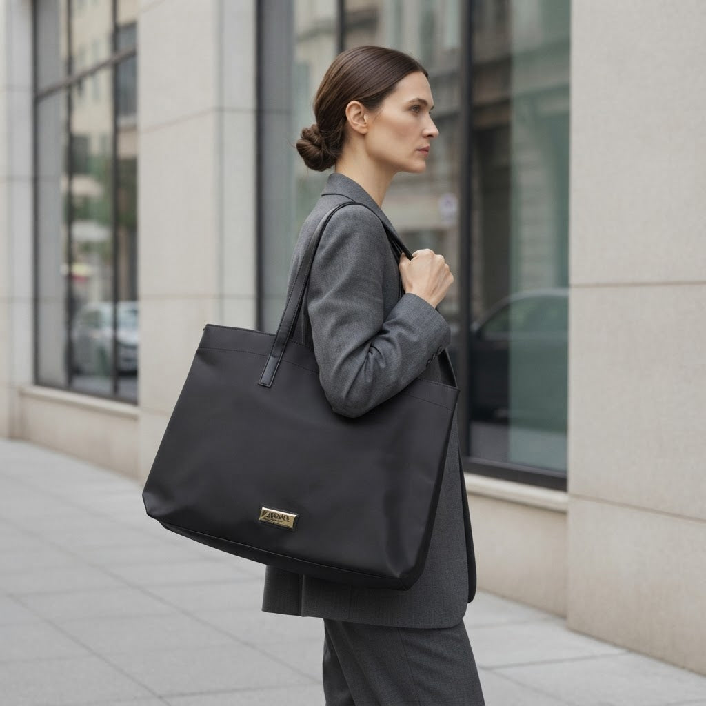 VERSACE parfums Large Black Nylon Shoulder Tote with Gold Pl