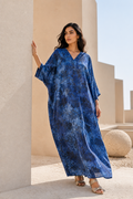Women's Blue Floral Marbled Satin Ankle-Length Kaftan