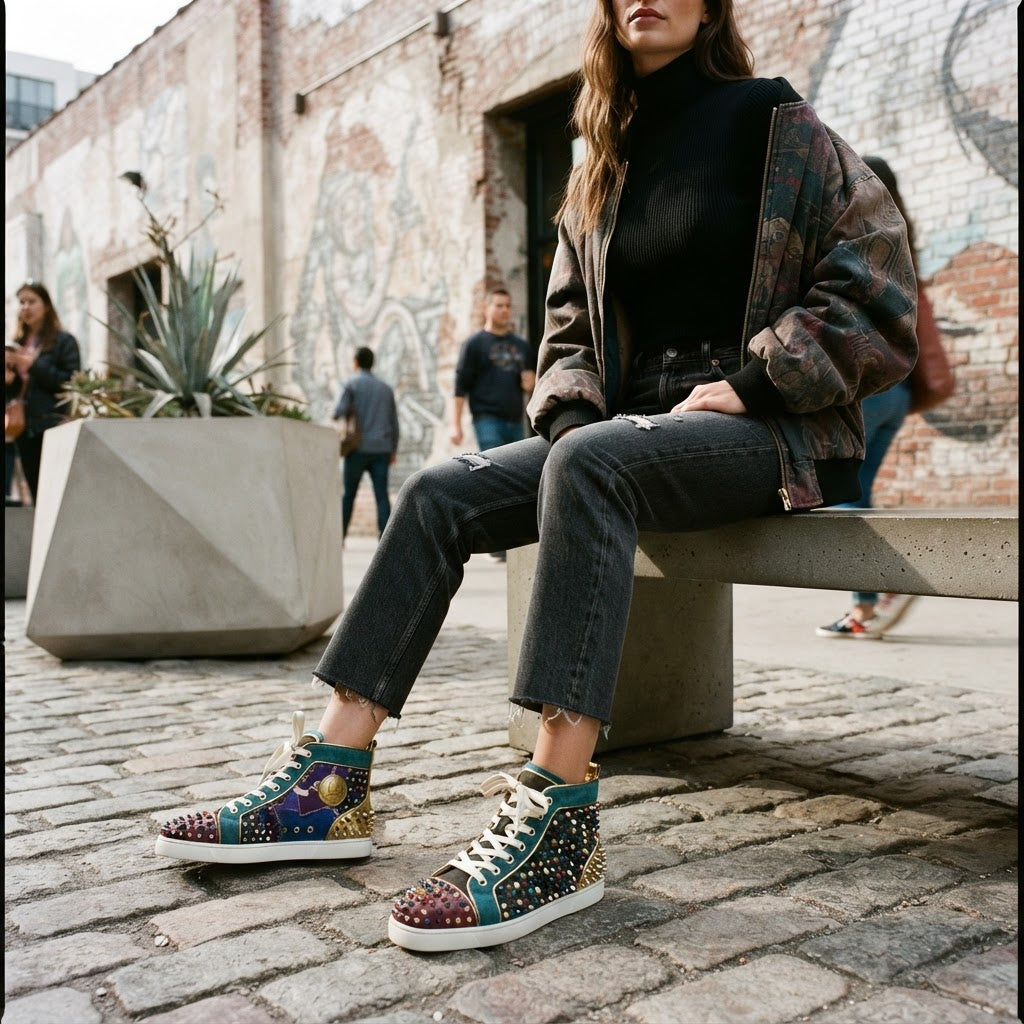Christian Louboutin Luxury Studded Patchwork High-Top Sneake