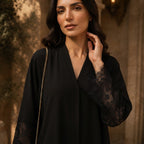 Black Open-Front Abaya with Floral Lace Cuffs and