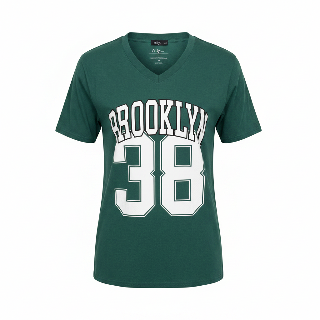 Ally Women's Green Brooklyn 38 Graphic V-Neck T-Shirt