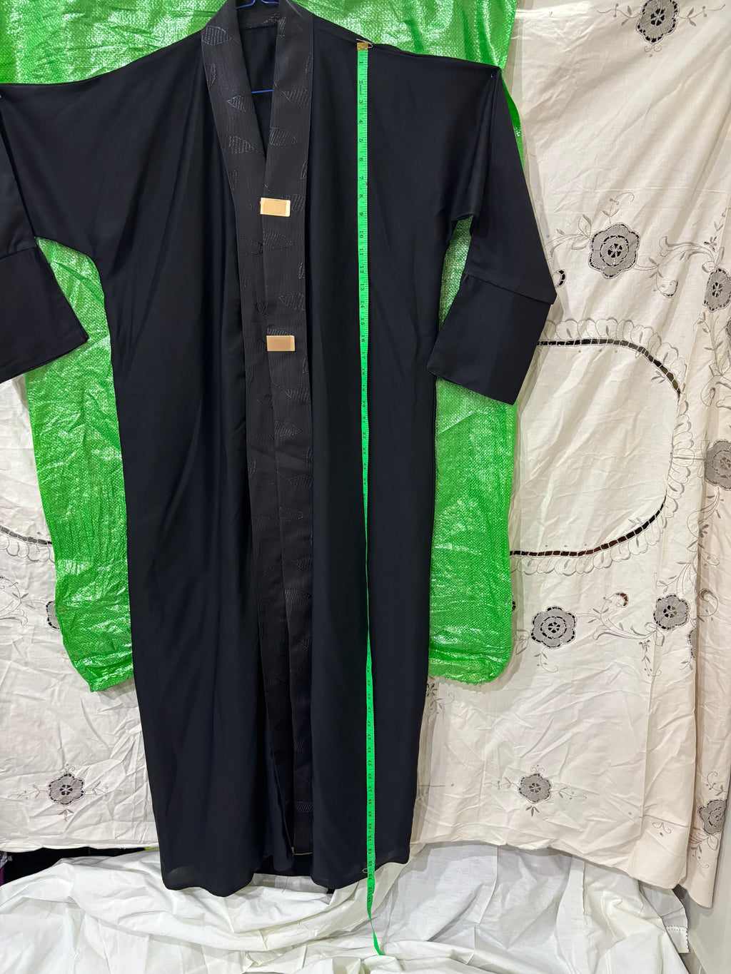 Deep Navy Black Open-Front Abaya with Jacquard Sash