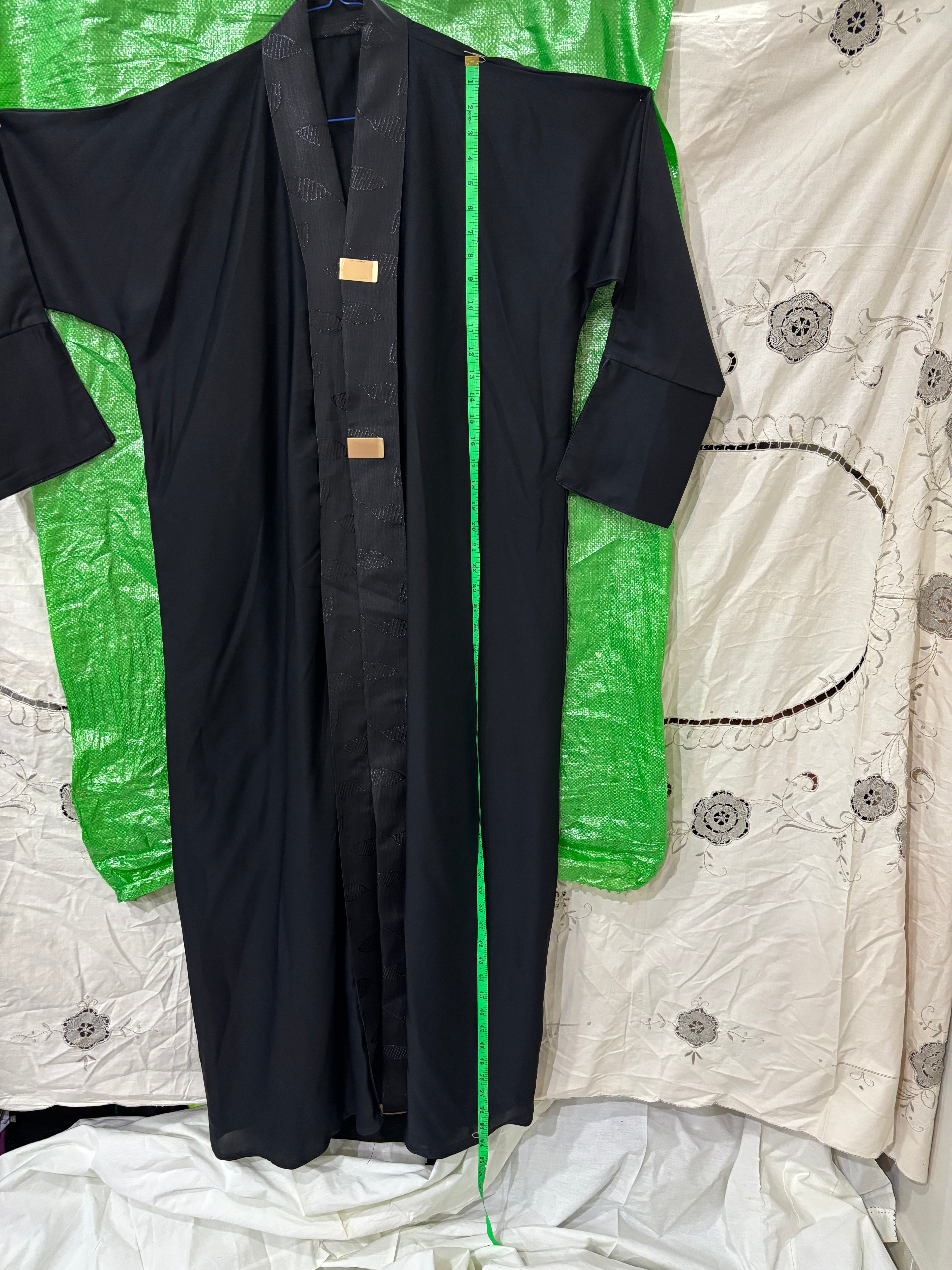 Deep Navy Black Open-Front Abaya with Jacquard Sash