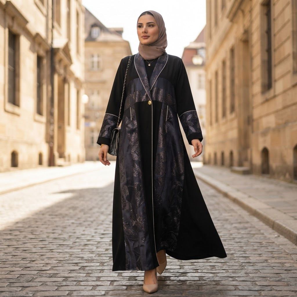Black Embellished Long-Sleeve Formal Abaya Dress