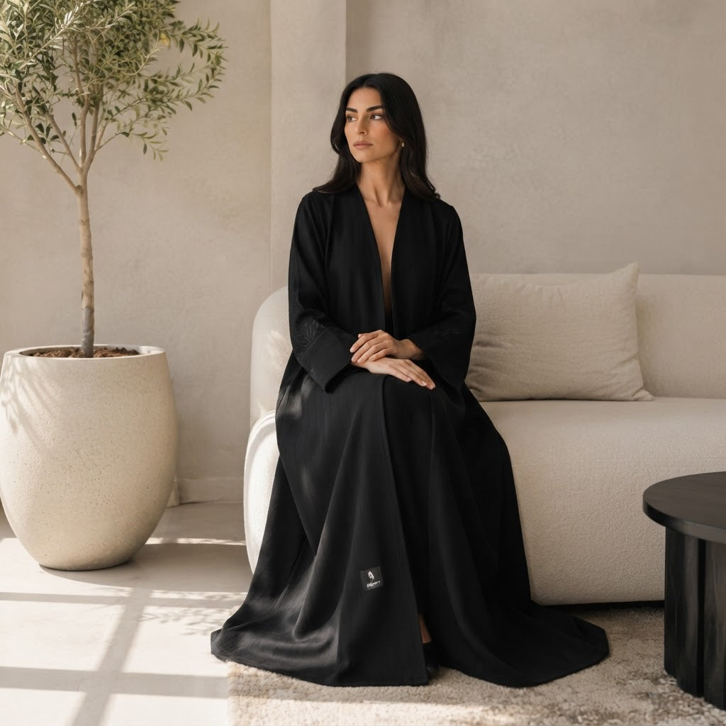 Cervo Black Open-Front Abaya with Structured Banded Cuffs