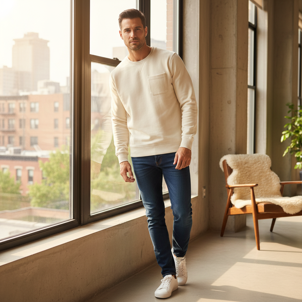 LIVERGY Men's Cream Organic Cotton Pocket Sweatshirt