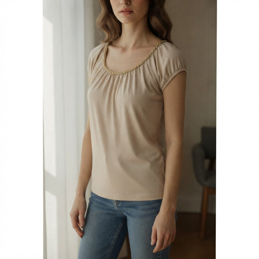 Love and Money Oatmeal Gathered Scoop Neck Top with Braided