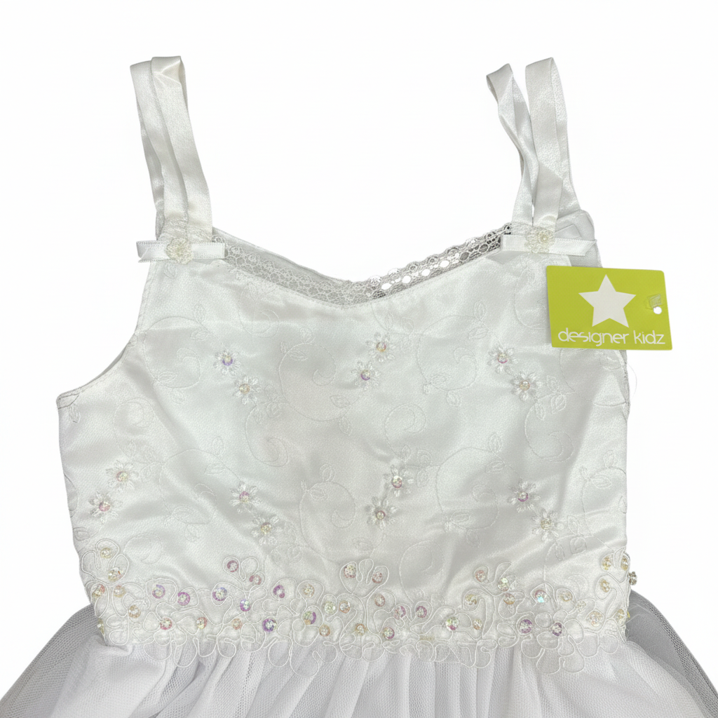 ABEILLE Kids White Embroidered Tulle Party Dress with Bows