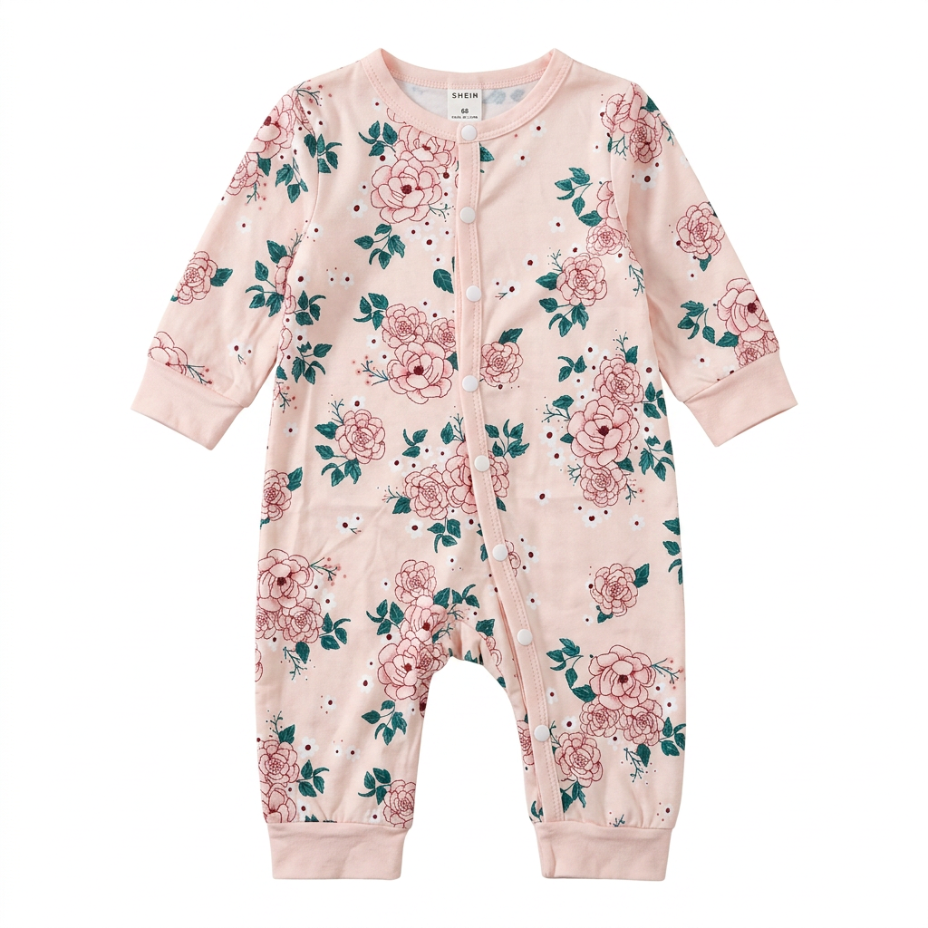 SHEIN Pale Blush Pink Floral Long-Sleeve Baby Romper