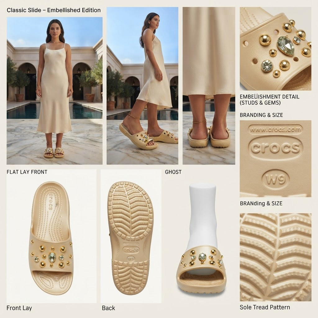 Crocs Cream Embellished Platform Slide Sandals with Crystals