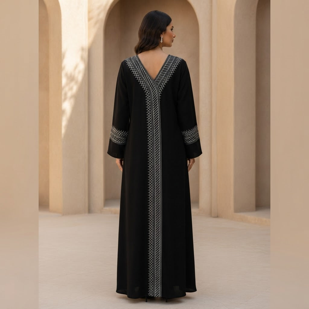 represent Black Traditional Thobe with White Geometric Woven