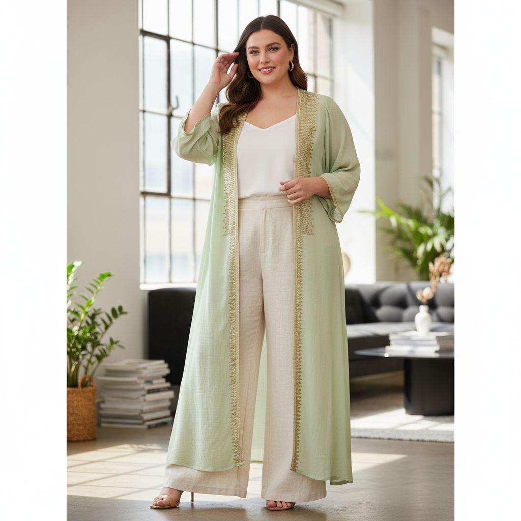 LNA AZEEM Women's Mint Green Sequin Embroidered Long Kimono