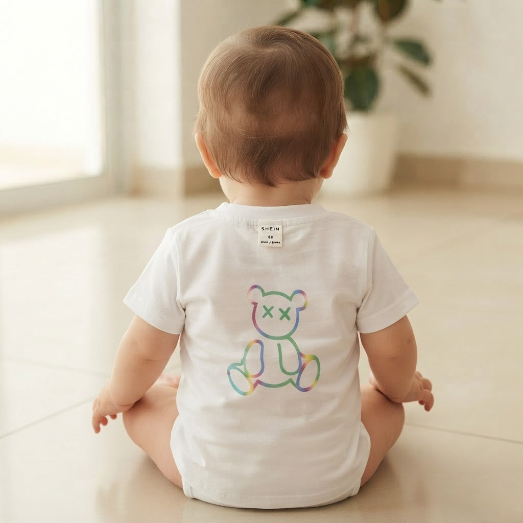 SHEIN White Infant T-Shirt with Rainbow Outline Bear Graphic