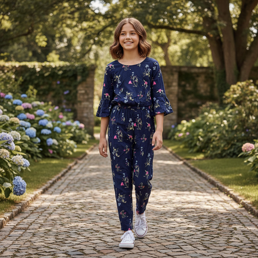 Kids Navy Floral Print Jumpsuit with Elastic Waist