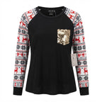 Emery Rose Black Festive Long Sleeve Top with Gold Sequin Po