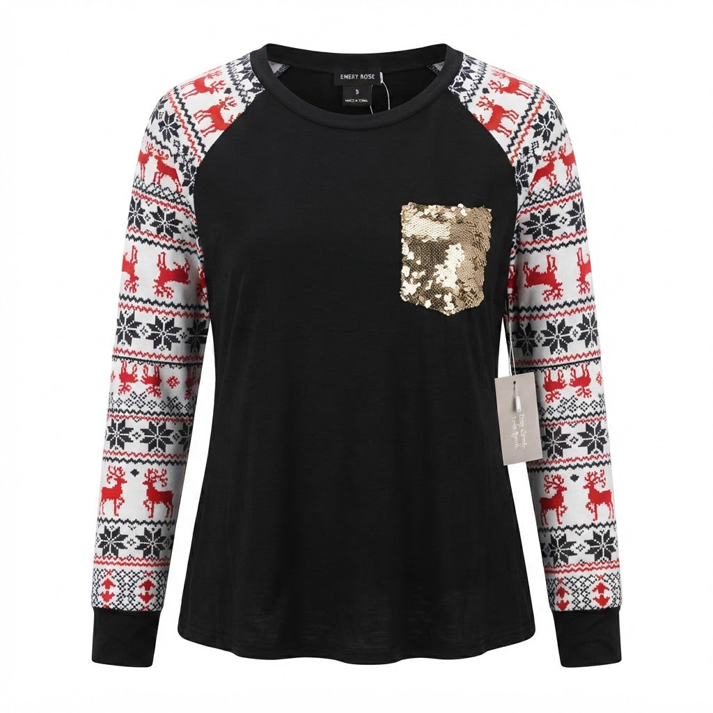 Emery Rose Black Festive Long Sleeve Top with Gold Sequin Po