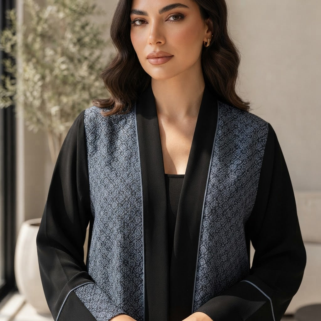Black Open-Front Bisht Robe with Blue Jacquard Panels