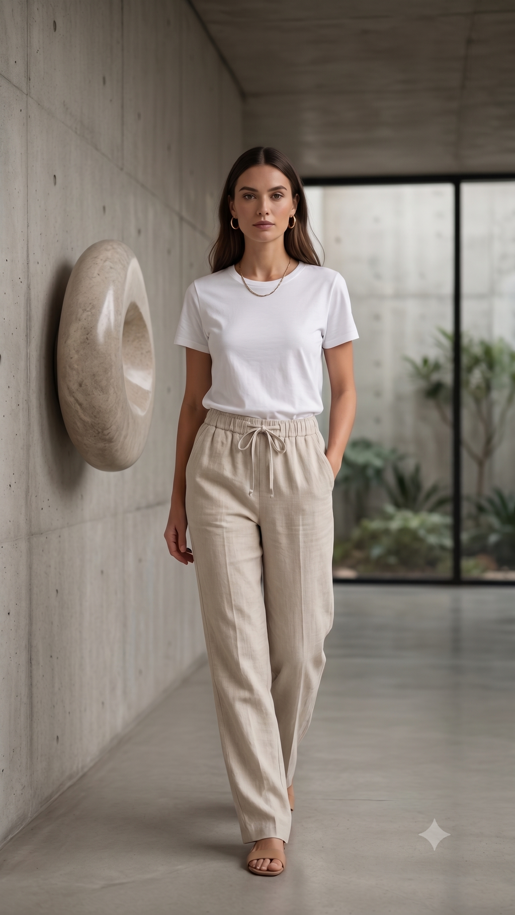 Women's Beige Linen Blend Drawstring Trousers