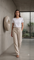 Women's Beige Linen Blend Drawstring Trousers