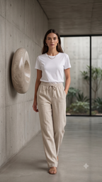 Women's Beige Linen Blend Drawstring Trousers
