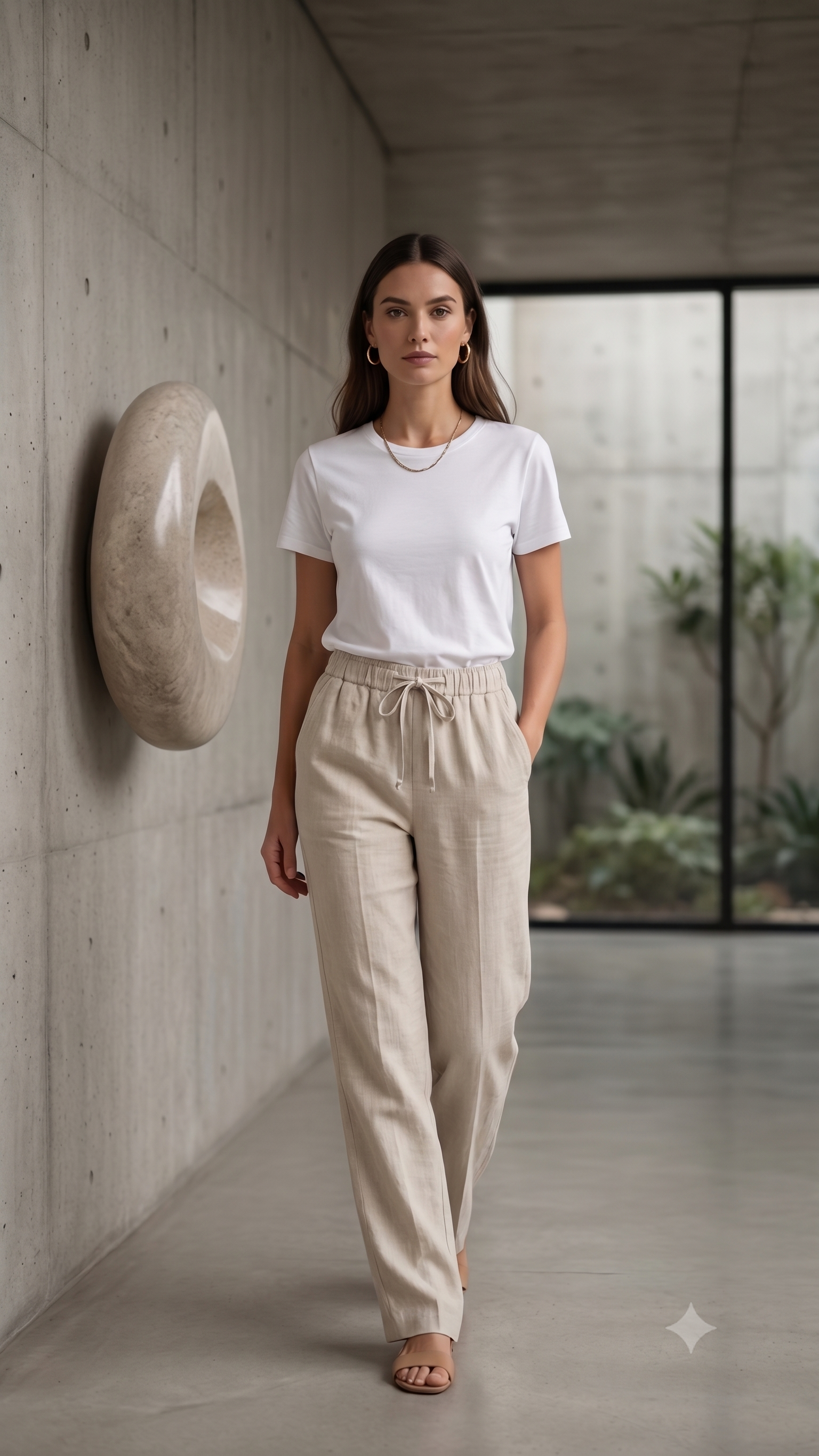 Women's Beige Linen Blend Drawstring Trousers
