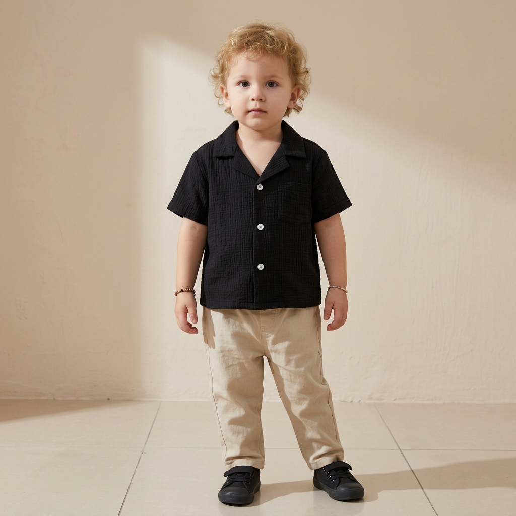 SHEIN SHEIN Black Crinkle Gauze Camp Collar Toddler Shirt