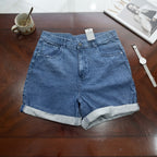Mid-Wash Blue Denim High-Rise Shorts with Cuffed Hem