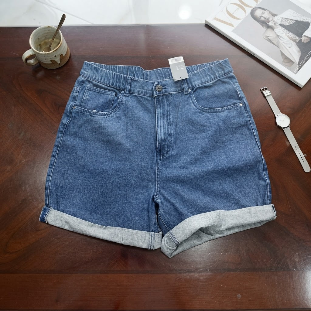 Mid-Wash Blue Denim High-Rise Shorts with Cuffed Hem