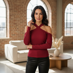 Red Ribbed Halter Neck Cold Shoulder Long Sleeve Top