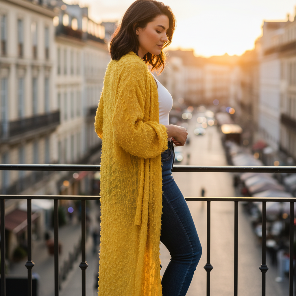 SHEIN Women's Yellow Textured Fringed Long-Line Kimono