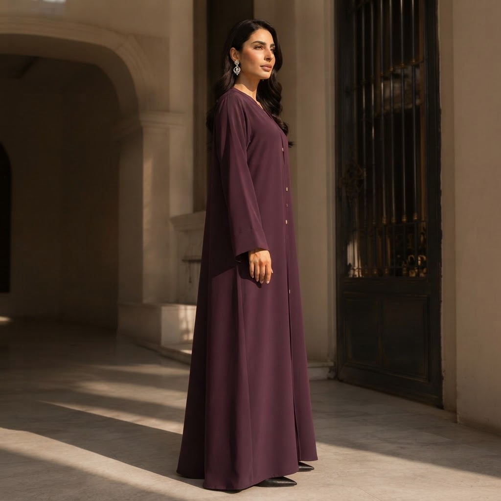 guess Deep Plum A-Line Abaya with Gold Fastening Details