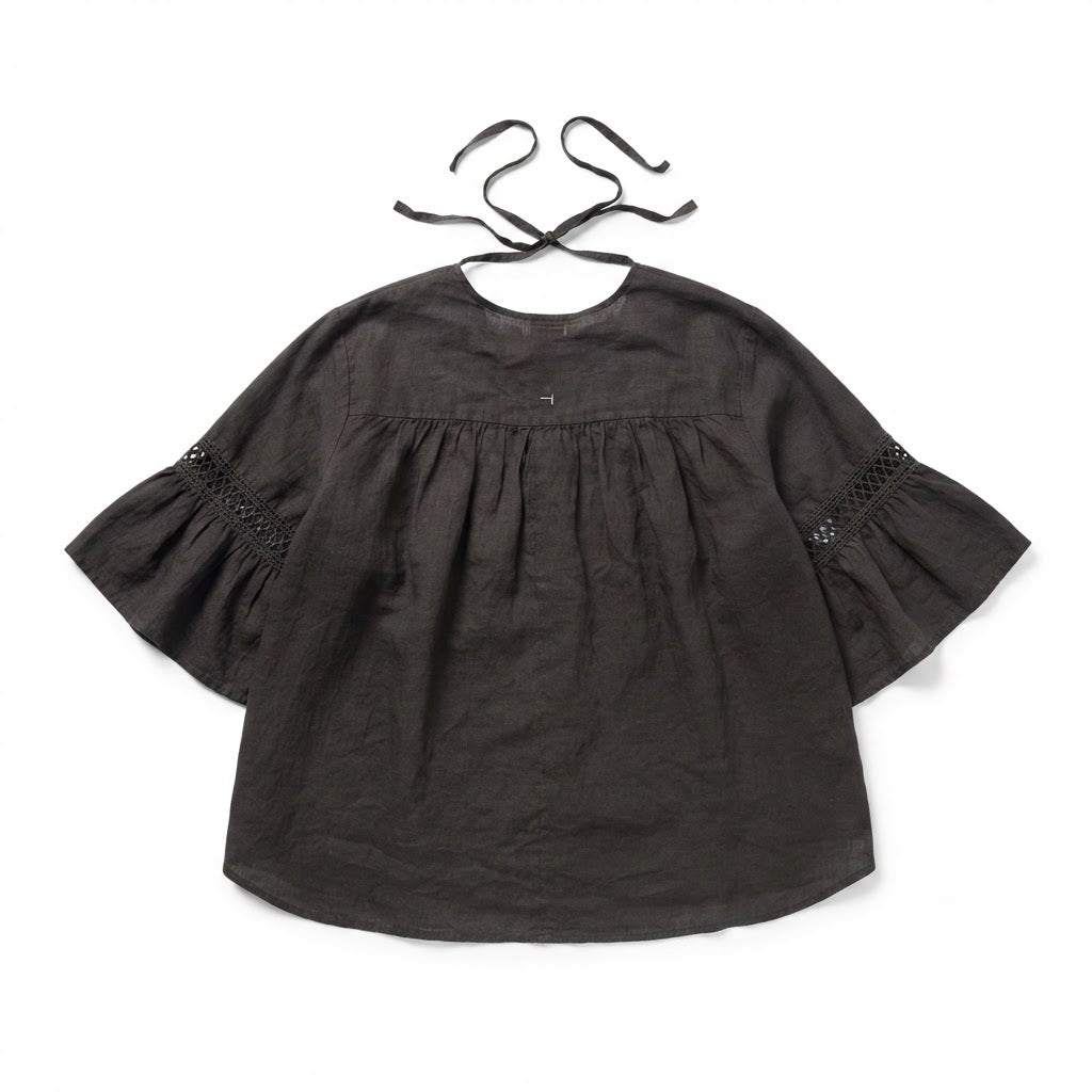 Women's Black Bohemian Linen Blouse with Crochet Lace