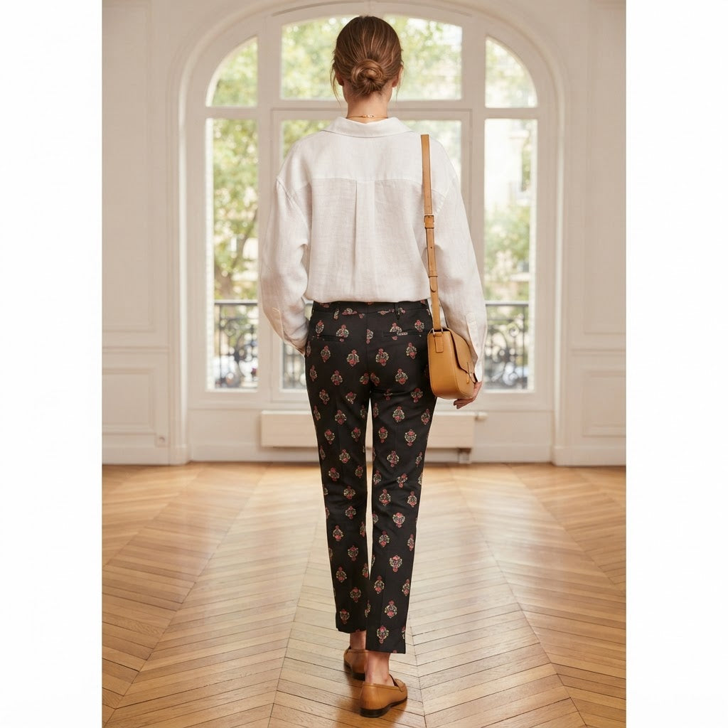 TOPSHOP Women's Black Ornate Print Slim-Fit Tailoblack Trous