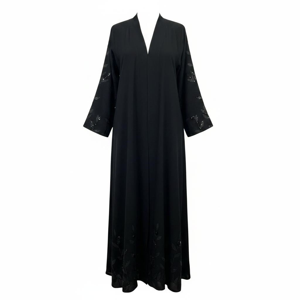 Elegant Black Sequin Embroidered Long Open Abaya