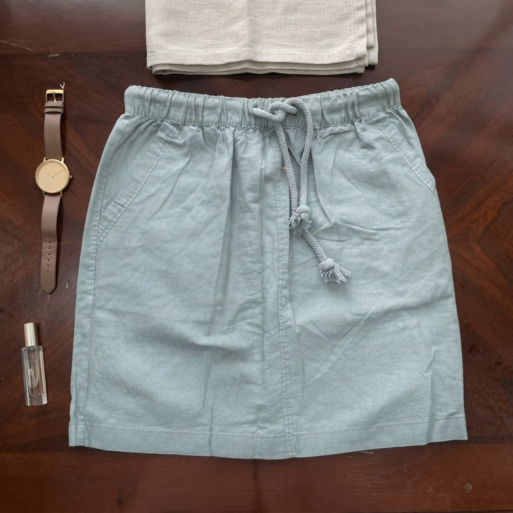 Sage Green Linen Blend Drawstring Mini Skirt