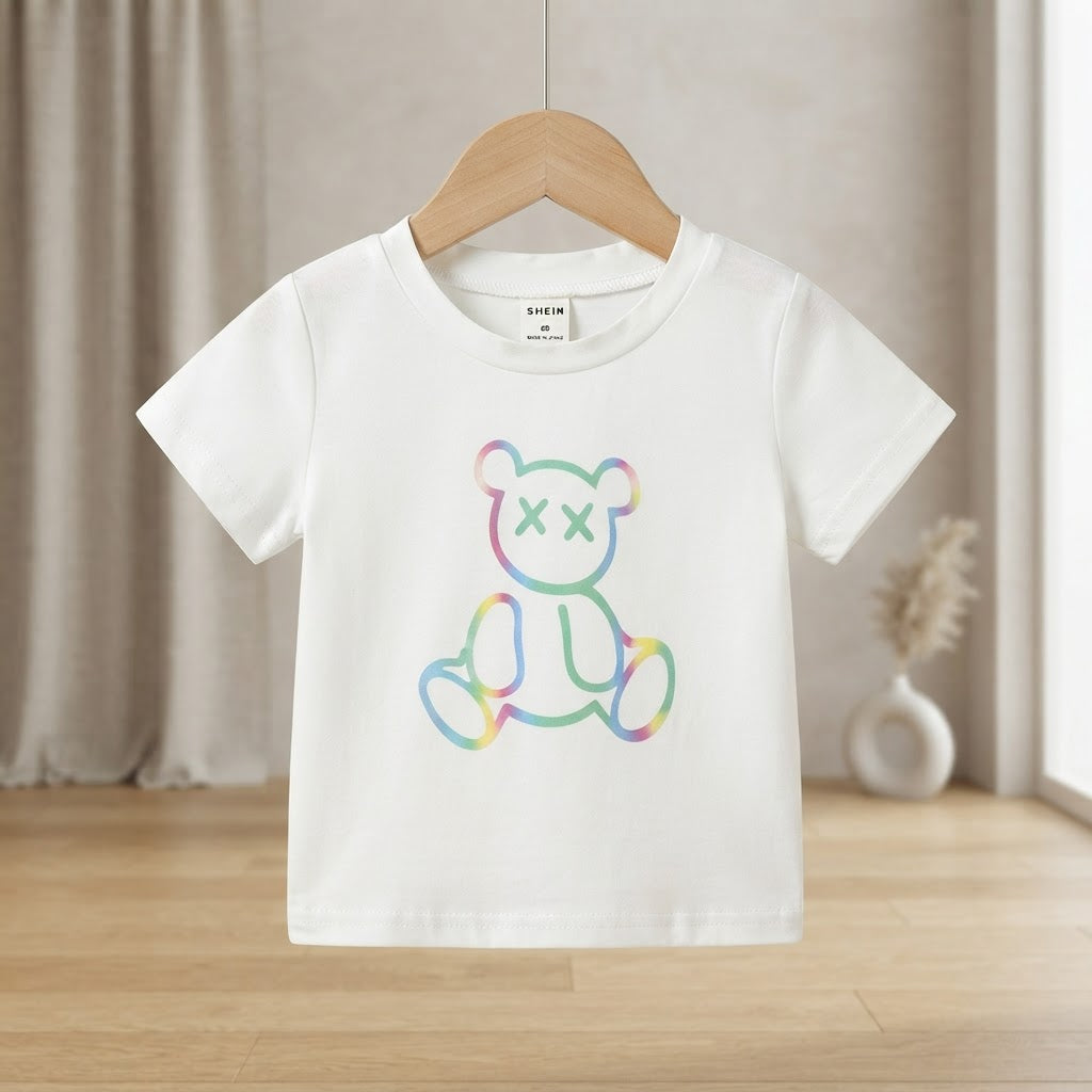 SHEIN White Infant T-Shirt with Rainbow Outline Bear Graphic