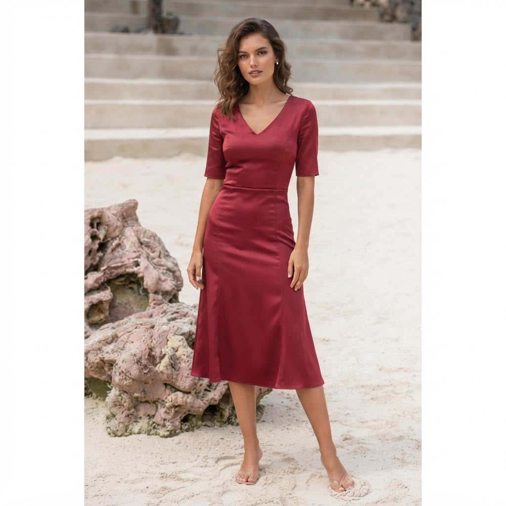 SWING Wine Red Satin Fit-and-Flare Midi Dress with Panelled