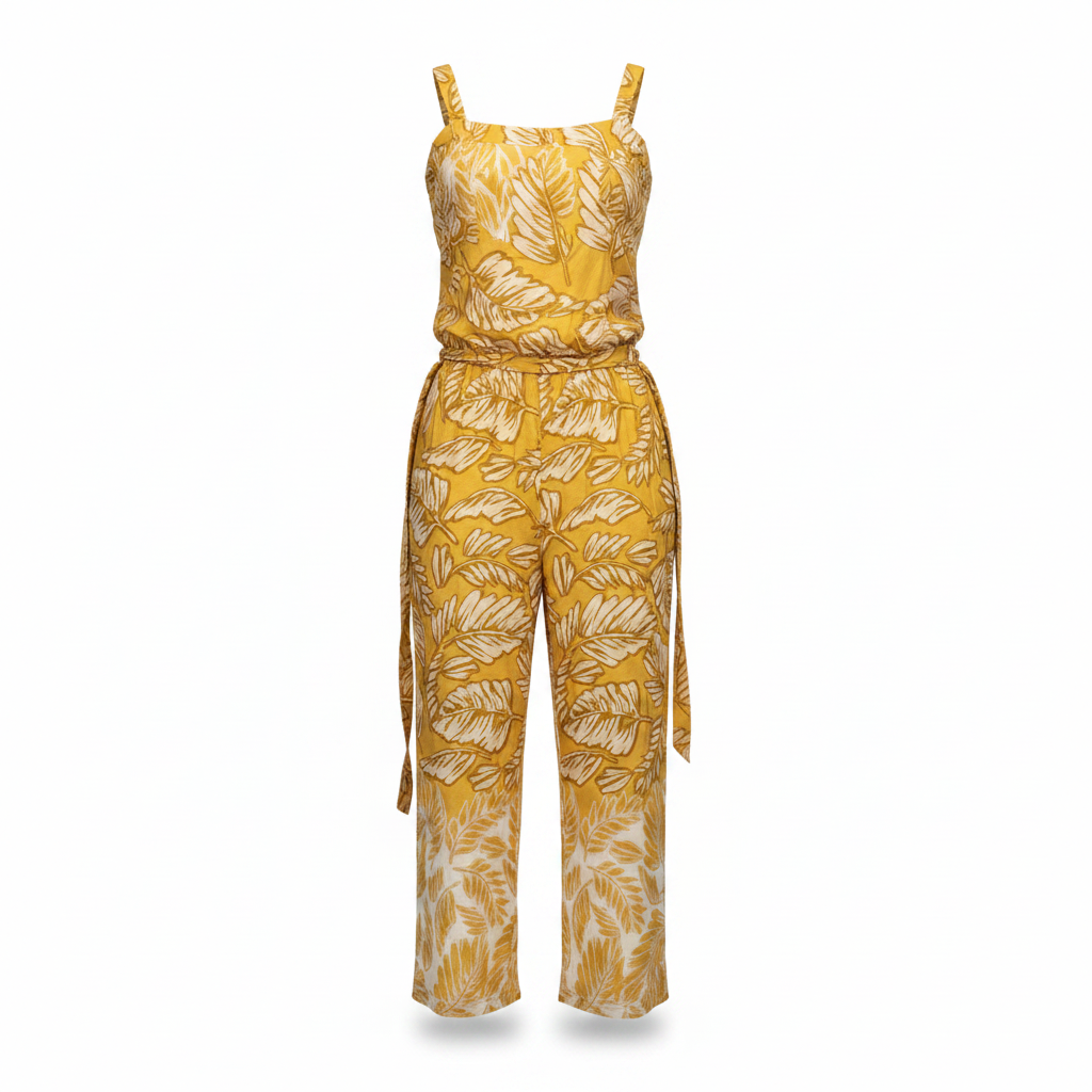 Women's Mustard Yellow Botanical Print Linen Jumpsuit